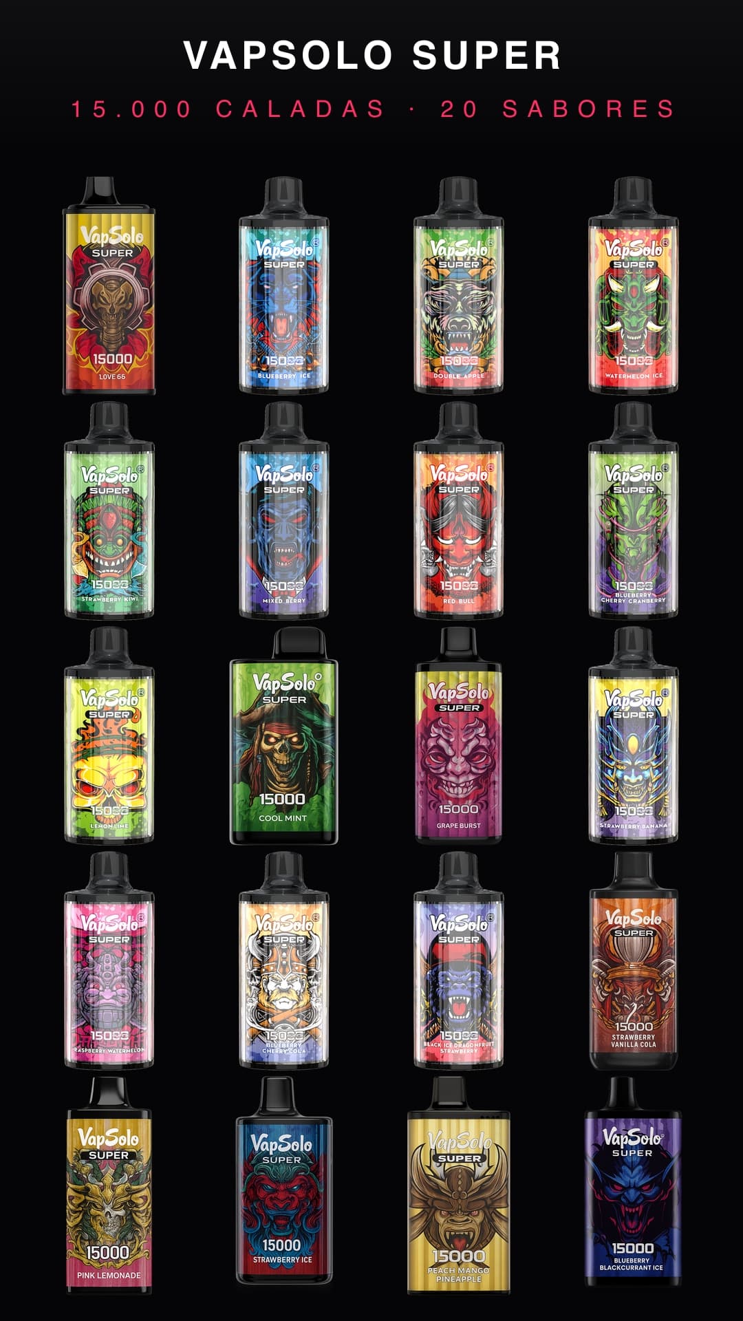 Catálogo completo VapSolo Super 15.000: 20 sabores con sus nombres