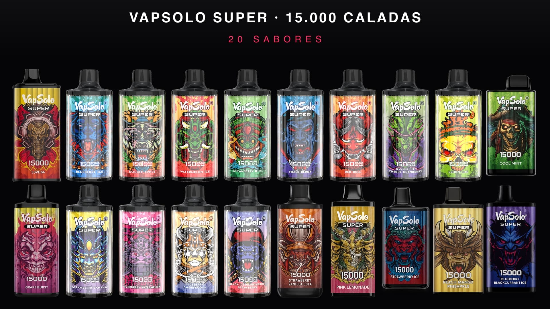 VapSolo Super 15.000 puffs · 20 sabores con máscaras coleccionables