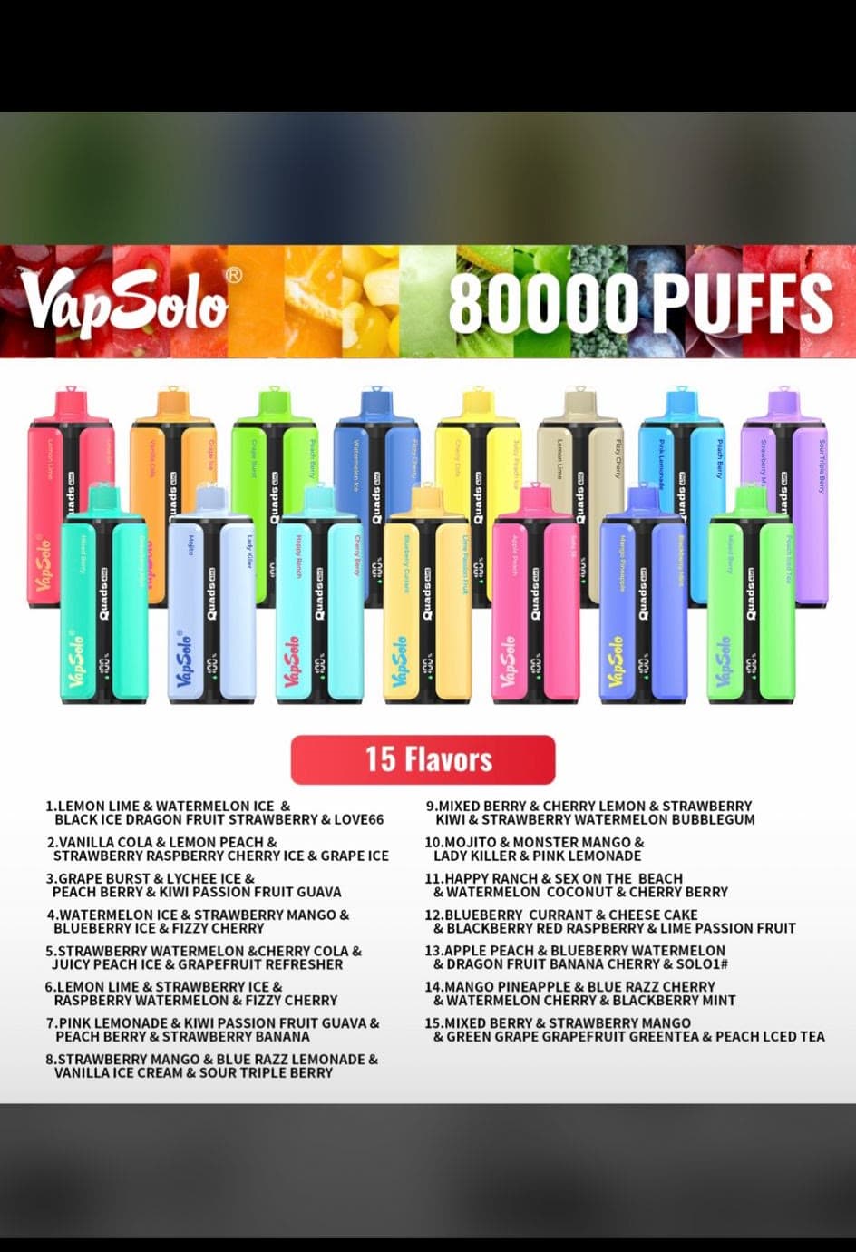 Catálogo completo VapSolo Quads 80.000: 15 combos de 4 sabores